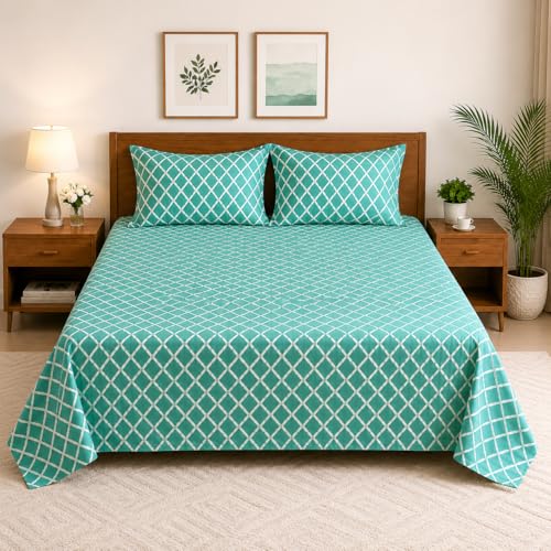 Image of Teal Geometric Queen Size Bedsheet with 2 Pillow Covers | Soft, Breathable & Bedding Set | Modern Diamond Pattern Room Decor (90 x 100 Inches)