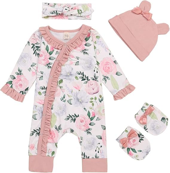 Image of GRNSHTS Newborn Girl Floral Jumpsuit Baby Girl Long Sleeve Ruffle Romper Overall Coming Home Outfits