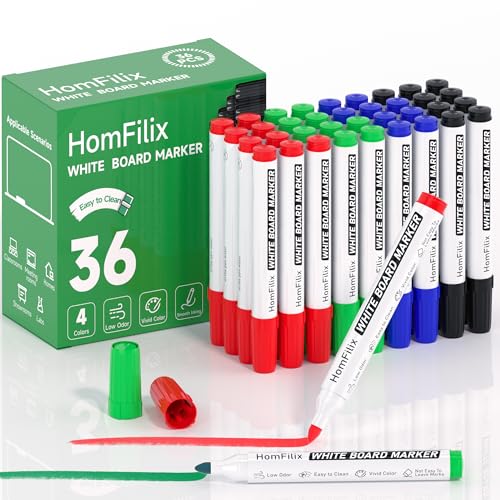 HomFilix White Board Markers Dry Erase 36 Pack Bulk, 2 mm Fine Bullet Tip, Low-Odor Plant-Based Ink, 4 Assorted Colors for Classroom, Office & Home Use | Premium Dry Erase Marker Set