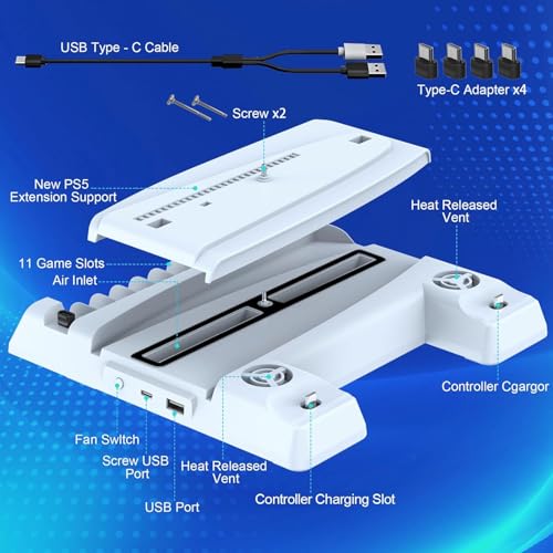 Image of New World Cooling Stand for PS5 / PS5 Slim,Dual Controller Charging Stand Charging Dock Vertical Stand for PS5 Slim / PS5 Fat for Playstation5 Digital /Disc Edition with 11pcs Game Rack Organizer