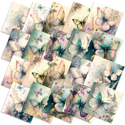 HunnmingRe 20 Pcs 10x10 Vintage Butterfly Quilting Fabric Square Spring Floral Precuts Quilted Fabric Bundle Watercolor Butterfly Printed Sewing Material for Holiday Patchwork DIY Craft Supplies