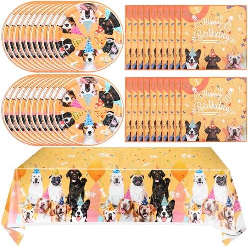 41pcs Dog Theme Tableware Set - Puppy Plates, Napkins, Tablecloth for Girls Birthday - Paw Print Party Favors Kit