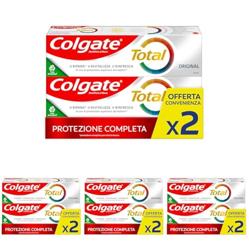 Colgate Pasta de dientes con ingredientes antibacterianos Total Original, para la protección de dientes, lengua, mejillas y encías, 2 x 75 ml (Paquete de 4)