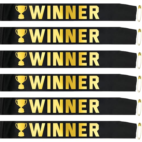 6-Pack Winner Satin Sashes – Black Satin with Gold Foil Lettering Winner Sash for Celebrations, Competitions, Sports Events, Pageants & Victory Parties – Elegant Champion Ribbon Decorations