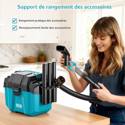Seesii Aspirateur Eau et Poussière Batterie 8000 mAh (2x4000 mAh), Aspirateur Poussiere et Eau 10 L, avec Sangles, 4 Roues et Accessoires, Idéal pour Atelier, Chantier ou Voiture – vue 2