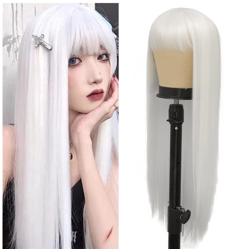 Tseses White Straight Long Wigs for Women with Flat Bangs Synthetic Hair Natural Looking Halloween Cosplay Daily Wig with Wig Cap