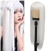 Vista 2 de Peluca larga blanca y lacia para mujer con flequillo plano, cabello sintético de aspecto natural, para Halloween, cosplay y uso diario con gorro