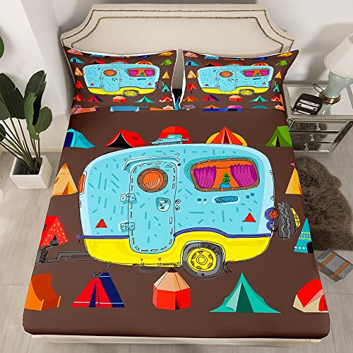 Erosebridal Happy Camping Sheets For Kids Multicolor Camper Theme Bed Sheets Rustic Farmhouse Queen Fitted Sheet Modern Lodge Cabin Bedding Breathable Microfiber Bed Cover (No Top/Flat Sheet) #TOP17