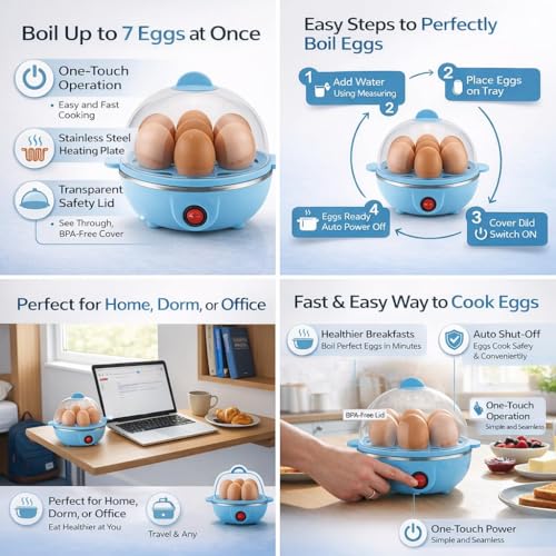 Image of Electric Egg Boiler 7 Egg Capacity One Touch Operation Automatic Shut Off Stainless Steel Plate Egg Cooker Steamer Poacher Appliance