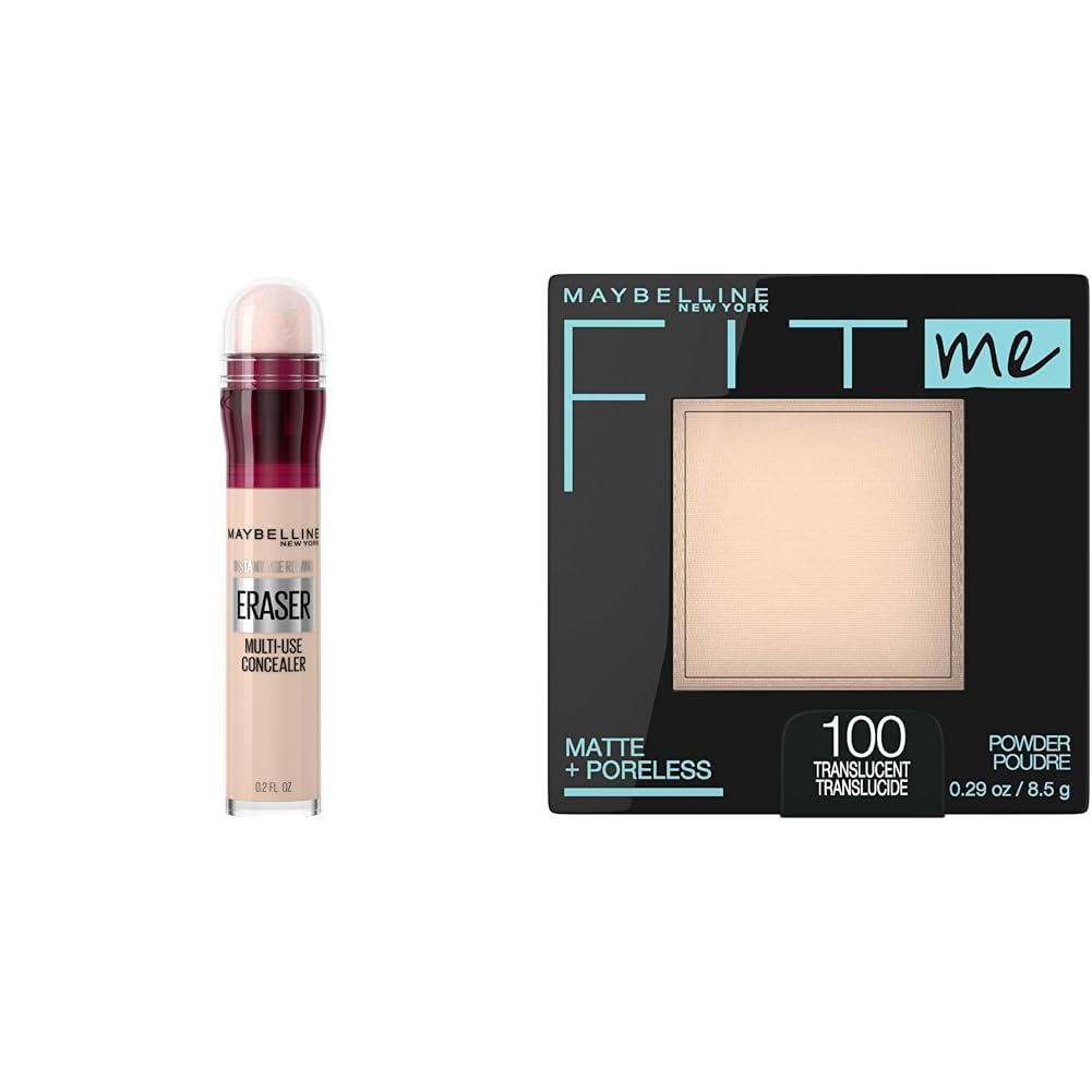 Maybelline Instant Age Rewind Eraser Dark Circles Treatment Multi-Use Concealer, 110, 1 Count (Packaging May Vary) & Fit Me Matte + Poreless Pressed Face Powder Makeup & Setting Powder