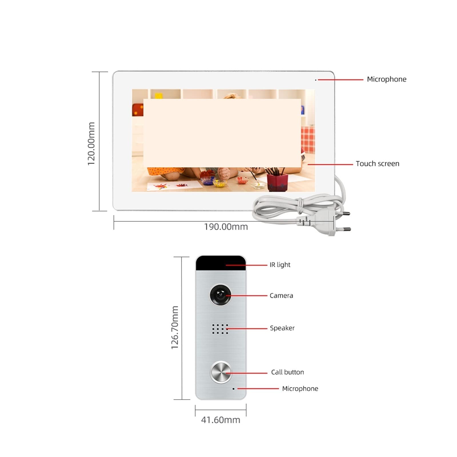 Telecamera per campanello wireless di videocitofono Tuya Smart Alimentatore integrato Videocitofono Full Touch Screen Telecamera super grandangolare per Case, Appartamenti, Uffici(Size:J-B6-P207W-M721