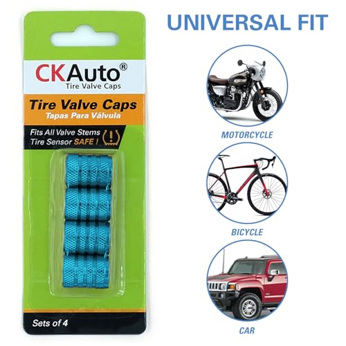 Image of CKAuto Tire Valve Stem Caps, Cyan, 4 pcs /Pack | Anodized Aluminum Tire Valve Cap Set, Corrosion Resistant, Universal Stem Covers for Cars Trucks Motorcycles SUVs and Bikes