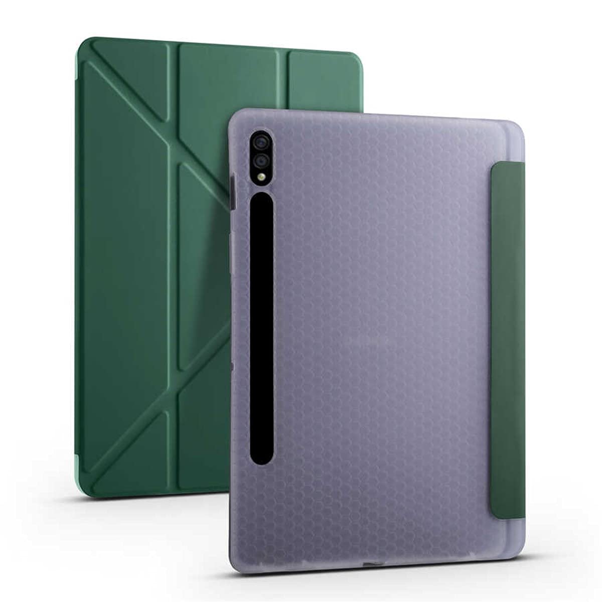 Zore Galaxy ile uyumlu Tab S7 Plus T970 Kılıf Tri Folding Kalem Bölmeli Standlı Kılıf Koyu Yeşil