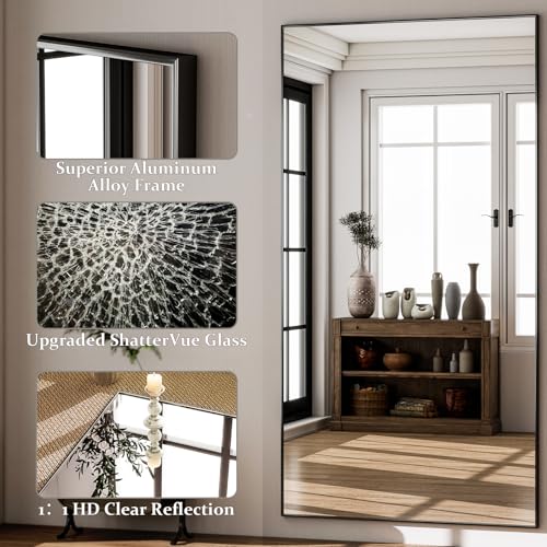 GLSLAND 71"x31" Full Length Mirror Extra Large Hanging or Leaning Rectangle Mirror Aluminum Alloy Thin Frame Bedroom Floor Dressing,Black