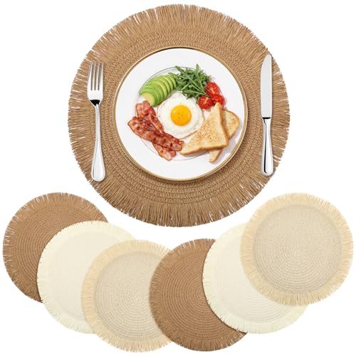 Teecyhooo 6 Set 15 Inch Round Boho Placemats Cotton Braided Farmhouse Round Placemats Rustic Table Mats Woven Table Place Mats for Home Kitchen Wedding Housewarming Decor(Beige, White, Khaki)