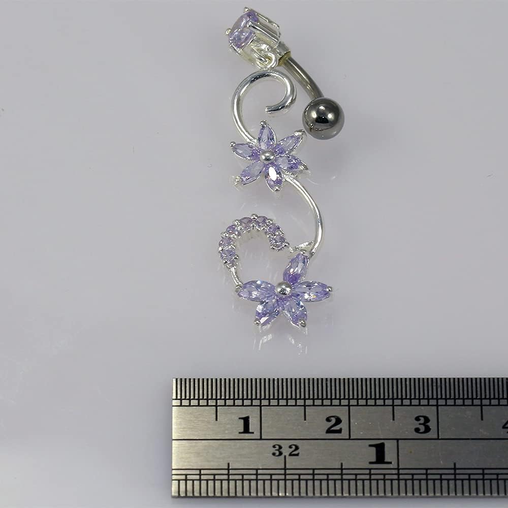 Cz Gemstones Fancy Vine and Flower Reverse Bar Dangling Design 925 Sterling Silver with Stainless Steel Belly Ring - Belly Button jewelry - Navel jewelry