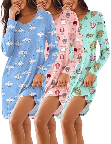 Ekouaer 3 Pack Women's Nightgowns Long Sleeve Sleep Shirts Comfy Soft Nightshirt Women Pajama Sleep Dress Cute Sleepwear
