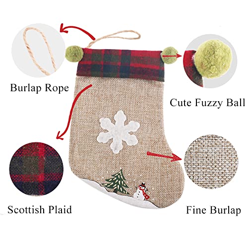 Partybus Mini Christmas Stockings 8 Inch 12 Pack, Small Rustic Burlap Xmas Decorations With Plaid Cuff, Bulk Gift Card Holders Treat Bags For Family Dog Cat #TOP1