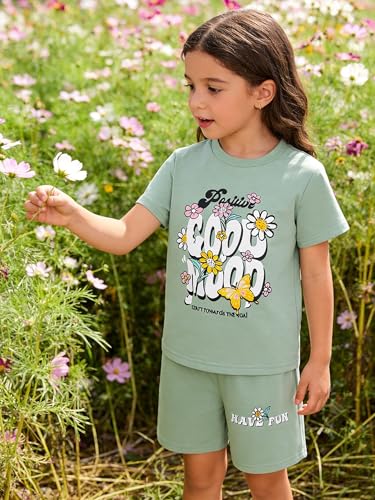 Image of KIDLAGA Toddler Kid Girl Outfits Clothes Floral Short Sleeve T-Shirt Top + Waist Pocketed Summer Short Sets 4-7T Girl Clothes