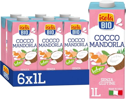 ISOLA BIO - Pack de 6 Unidades de 1 L de Bebida Ecológica Vegetal de Coco con Almendra - Sin Gluten y Sin Lactosa - Apto para Veganos - Ideal para Tomar Sola, con Café o en Batidos