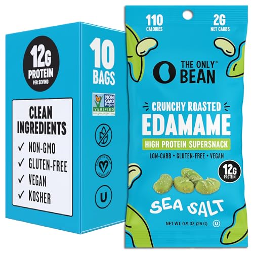 The Only Bean Crunchy Dry Roasted Edamame Snacks (Sea Salt), Healthy High Protein(11g) Keto Food, Low Carb Gluten Free Office Vegan Food 100 Calorie Snack Pack, 0.9oz 10 Pack