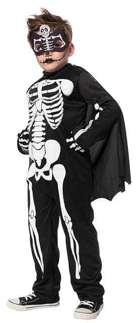 Foto 2 de 3 de Rubies Disfraz Super Skeleton para niños y niñas, Jumpsuit con pecho musculoso, capa, guantes y antifaz