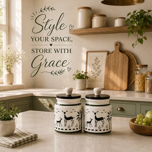 Image of Ceramic Kitchen Jars for Storage | Air Tight Containers with Wooden Lids | Masala, Salt, Pickle, Dry Fruits & Multi Utility Items Organiser Set (Hand-Painted, Black Hut, 450 ML, Pack of 2)