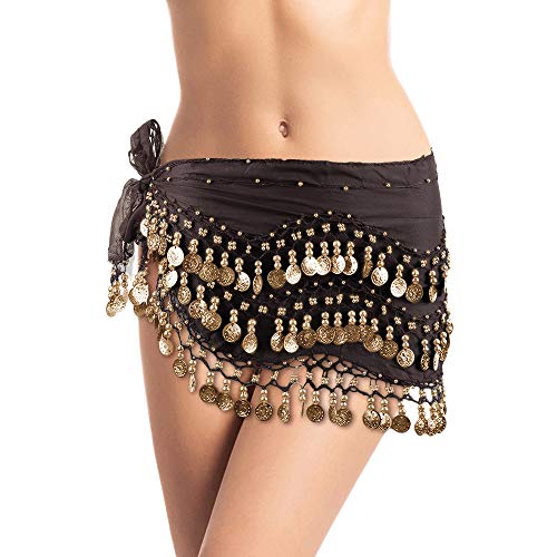 Pearl Belly Dance Hip Scarf, Hip Shakers Belly Dancing Skirt Coin Sash Costume with Gold Coins - Brown
