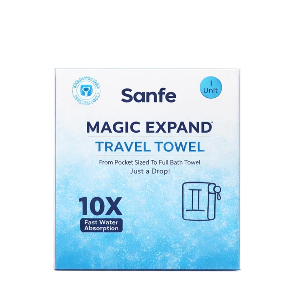 Sanfe Magic Expand Travel Towel 1 Unit | Compressed Microfiber Bath Towel | Expands Instantly with Water | Quick Dry, Lightweight & Compact | for Travel, Gym, Beach & Daily Use | Pack of 1