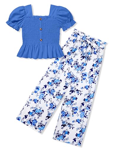 Image of Girls Clothes Solid Color Square Collar Stretch Top and Wide Leg Pants Clothes for Teen Girls 6-14Y