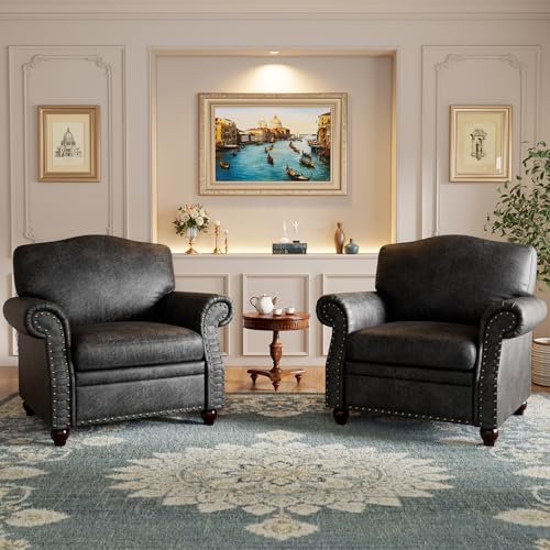 S Set Of 2 With Rivet Design, Living Room Arm Chair With Rolled Arms And Nailhead, Large Comfy Sofa Chair With Wooden Leg For Reading, Bedroom, Office, Black