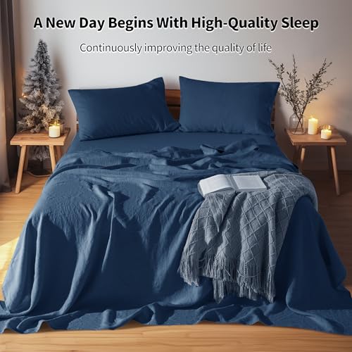 Image of LBRO2M 100% French Pure Linen Sheet Set 4Pcs, 16 inch Deep Pocket Cal King