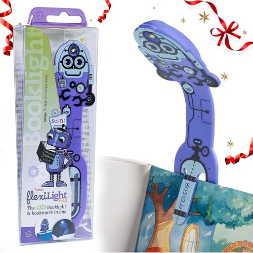 Image of Gifts for Readers & Writers Book Light for Kids, Clip On Reading Light for Bed, 2in1 Flexilight Pals & Bookmark, Small & Lightweight with a Soft Glow, 2 Batteries Included, Robot Purple