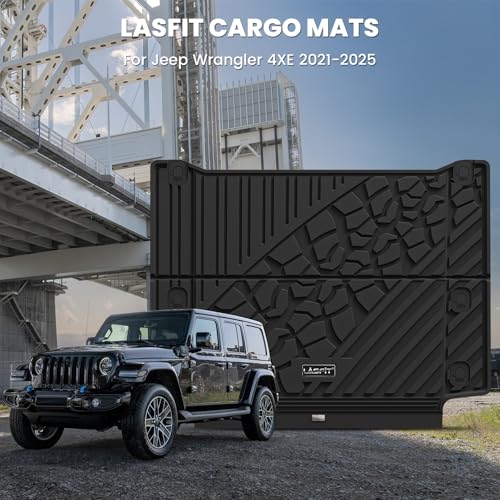 Image of LASFIT Cargo Mat for Jeep Wrangler 4XE 2021-2025 4 Doors with Subwoofer | Plug-in Hybrid EV-Gas (PHEV), All Weather, TPE, Custom Fit, Trunk Mat, Cargo Liner, Black