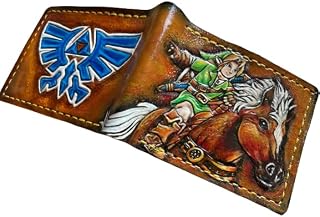 Link riding Epona and blue hyrule sigil Wallet, 3D Genuine Leather Wallet, Hand Carved, Leather Carving Wallet, Handcrafted Legend of Zelda Wallet