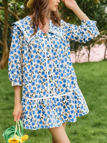 Image of Wenrine Womens Casual Shirt Dresses 3 /4 Long Sleeve Floral Button Down Flowy Babydoll Fall Mini Dress