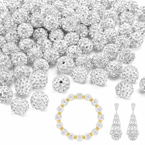 Awaydol 100pcs 10mm White Round Rhinestone Beads for Jewelry Making, DIY Crafts & Gifts,Diamonds Round Disco Beads Bulk,Rhinestone Clay Beads for DIY Baseball Bracelet Holiday Decorations(White)