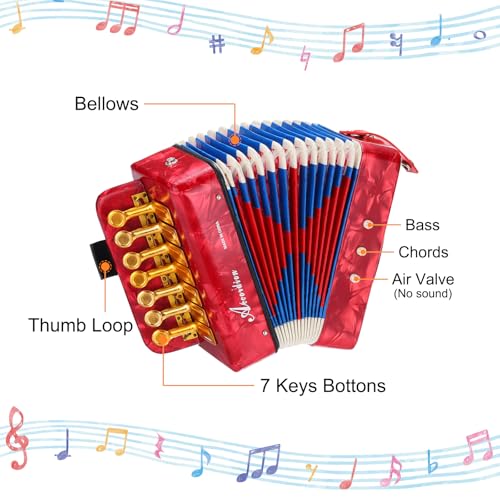 QUARKZMAN Accordion, 10-Tasten-Bass-Knopfakkordeon Mini-Musikinstrument Leichtgewicht für Erwachsene Anfänger Bildung, Rot