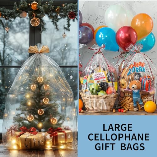 Image of woric Large Cellophane Bags 30x40 Inch Clear Cellophane Wrap 6PCS | Gift Wrap Bags for Gift Baskets Birthday Baby Shower Graduation Wedding Party Favor Back to School Halloween Gifts