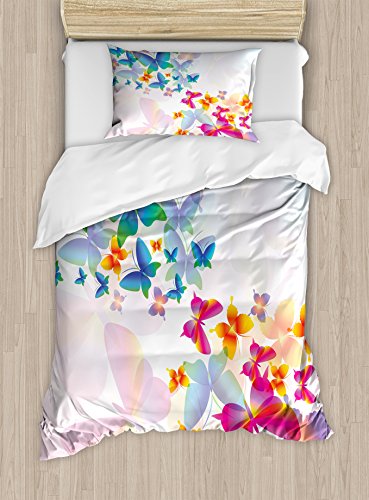 Ambesonne Butterfly Duvet Cover Set, Colorful Flying Butterflies Graphic Print Supernatural Home, Decorative 2 Piece Bedding Set with 1 Pillow Sham, Twin Size, Pink Blue Orange
