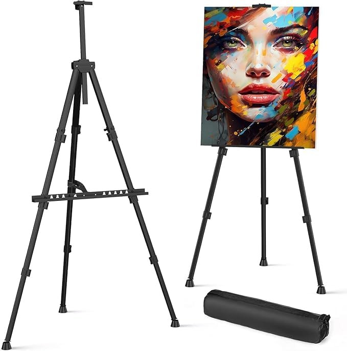 Image of Grandink Professional Tripod Easel, Portable Lightweight Metal Display Stand, Adjustable Height for Painting & Advertising, 5FT, Fits Canvas up to 32 Inches