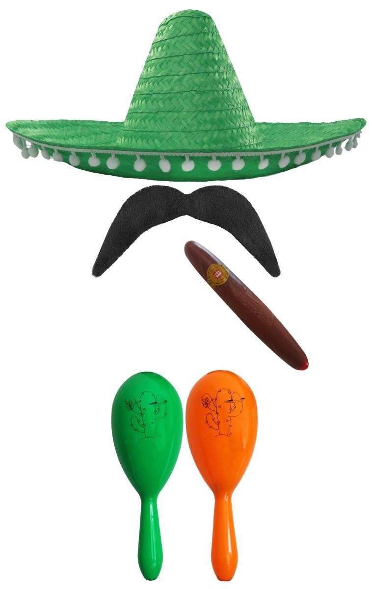 Mexican Fancy Dress Accessory Set. Mexican Sombrero + Maracas + Tash. Perfect for Mexican Fancy Dress Costumes Senorita Bandit Mariachi (Green Pom Pom Sombrero + Green and Orange Maracas)