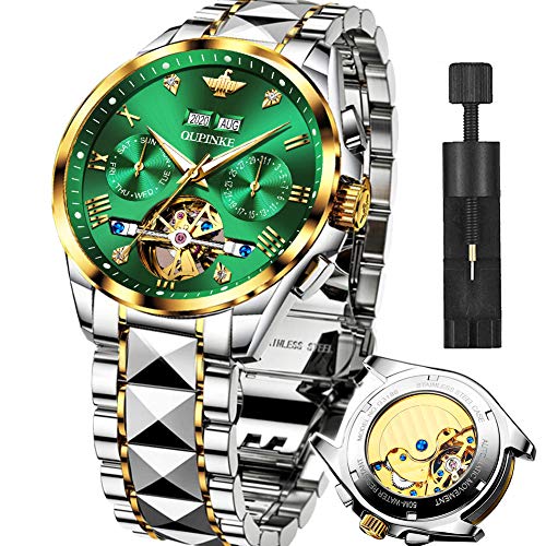 Date Automatic Men Watch Green Mechanical Swiss Self Winding Watches for Men Stainless Steel Gold Silver Wristwatch Men's Waterproof Dress Two Tone Large Mens Watch No Battery,LuminousTourbillon Watch