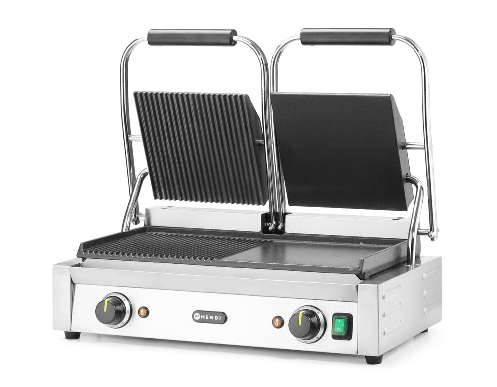 HENDI Piastra Elettrica a Contatto Doppia, Grill/Griglia Panini Professionale, Piastre Liscia e Rigata in Ghisa Smaltata, 230V, 3600W, 570x375x(H)216mm, Acciaio Inox