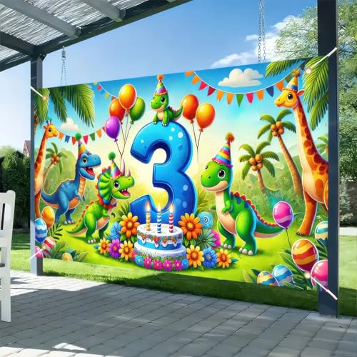 BlissYard 3rd Birthday Dinosaur Backdrop Banner 71 x 43 inch Birthday Photography Background Greenery Jungle 3 Years Old Boy and Girl Party Indoor Outdoor Decorations Banner