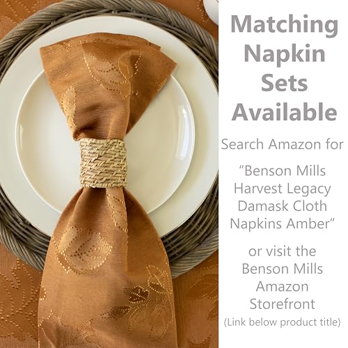 Image of Benson Mills Harvest Legacy Damask Fabric Table Cloth Fall, Harvest, and Thanksgiving Tablecloth (Amber-Bronze, 52 inch x 52 inch Square)