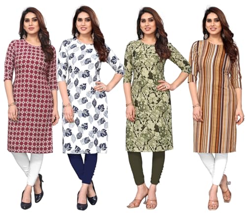Image of JAKHANA Women's Crepe Printed Casual Straight Calf Length Round Nick Kurta Pack of 4