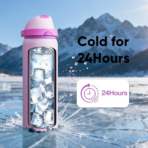 Image of Insulated Water Bottle with Straw - Encool Stainless Steel Water Bottle with Push Button Lid, Leak-Proof & BPA-Free, Keeps Cold for 24 Hours for Sports, Travel, Gym (32 oz, Thistle-Fuchsia)