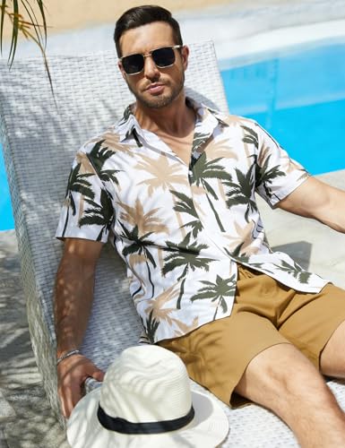 Image of Yimoon Men's Summer 2 Piece Outfits Tropical Print Short Sleeve Button Down Hawaiian Beach Shirt and Shorts Set