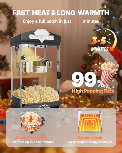 Image of 8 Oz Popcorn Machine Maker, Pop Corn Machine, Tabletop Popcorn Machine Makes Up to 32 Cups, Movie Theater Popcorn Popper Machine with Stainless-Steel Kettle for Home Family, 300 W, Black